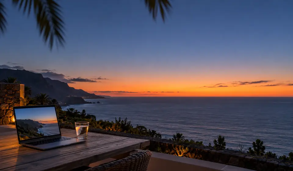 Laptop auf einer Terrasse über dem Meer zur blauen Stunde