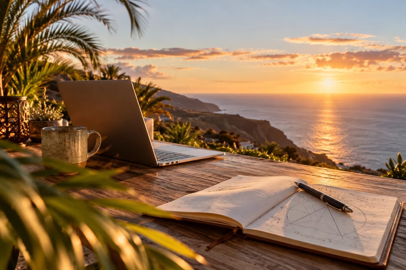 Laptop, Tasse und Notizbuch auf einem Holztisch, dahinter das Meer im Abendlicht