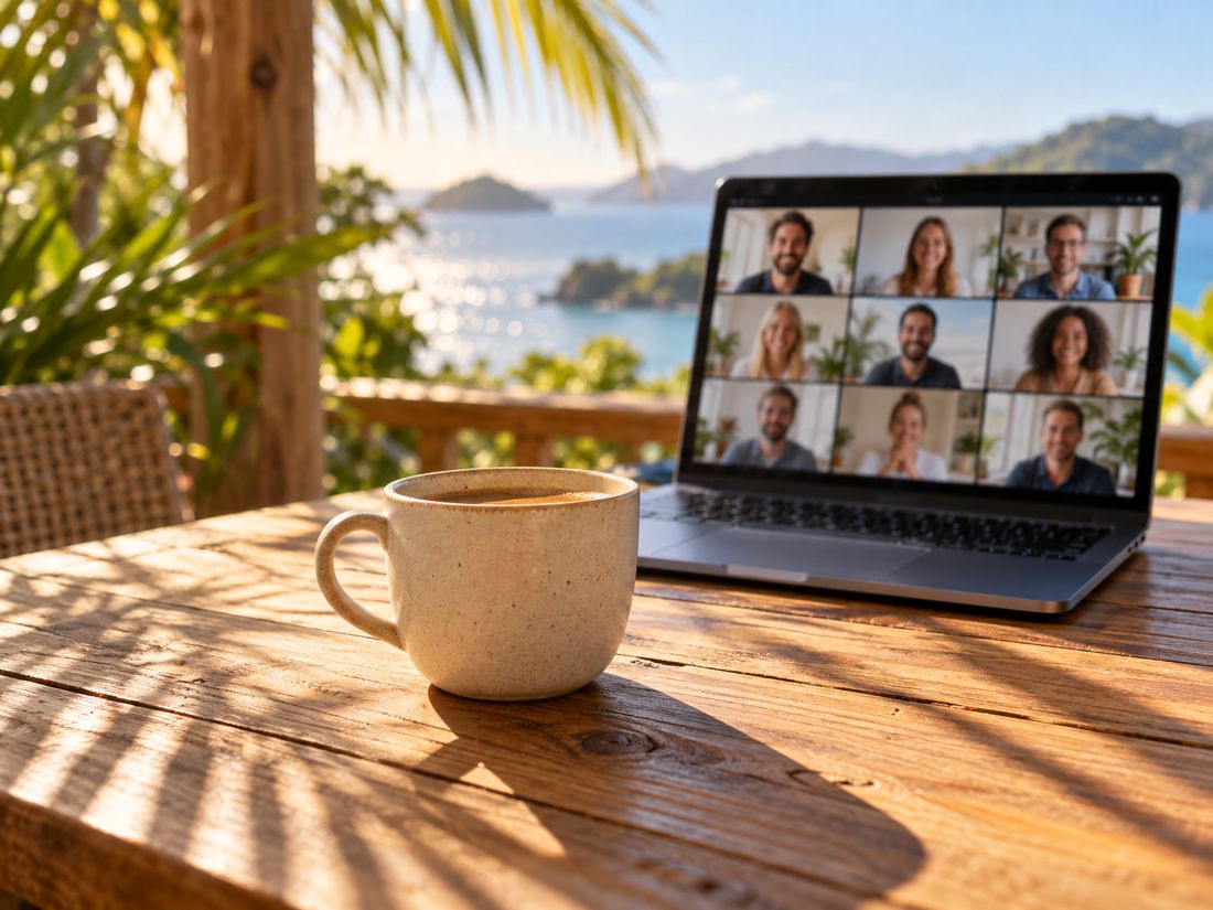 Laptop mit einem Videocall auf einem Holztisch, daneben eine Tasse, im Hintergrund das Meer